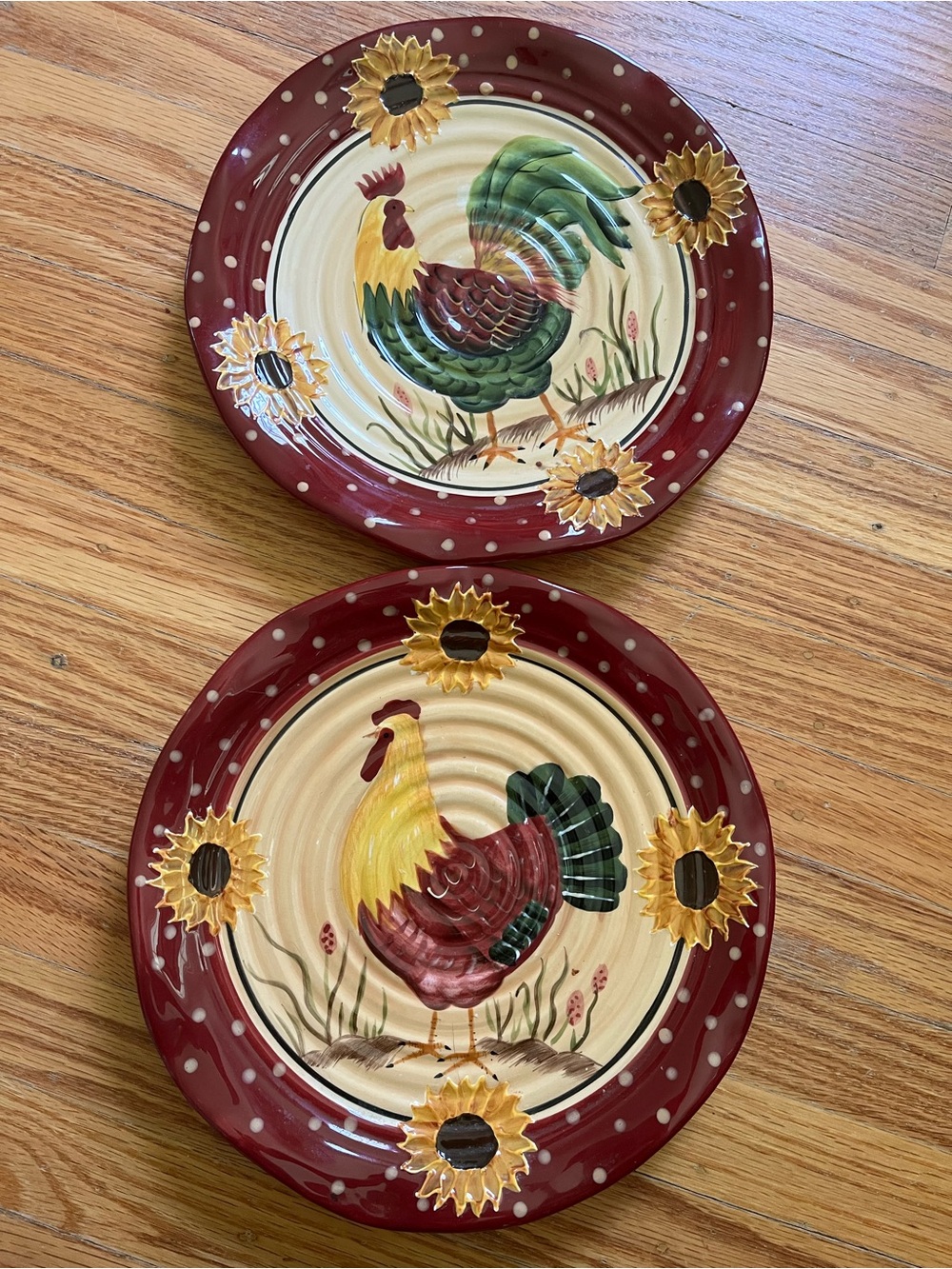 Set of two Hand-Painted Rooster Ceramic Plate 8” - Red and Cream (Set)